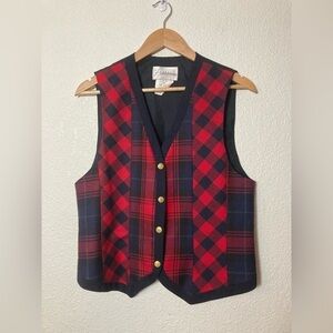 Nygard Collection 100% worsted wool red and navy plaid vest gold buttons size 10